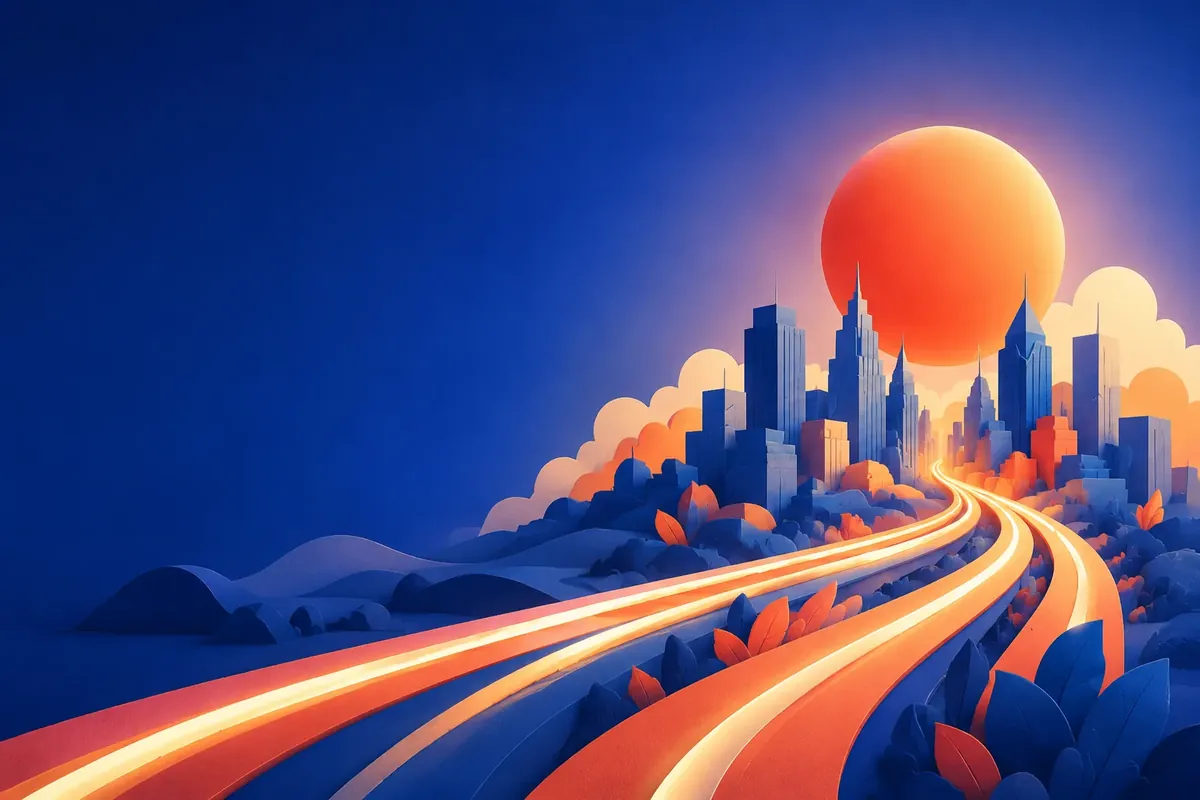 A bright abstract world with paths converging toward a rising orange sphere